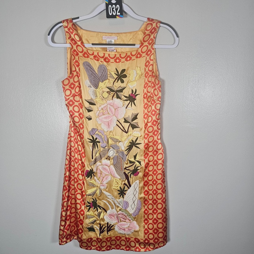 Custo Barcelona Silk Embroidered Floral Butterfly Mini Dress Yellow Orange 36 - Picture 1 of 4